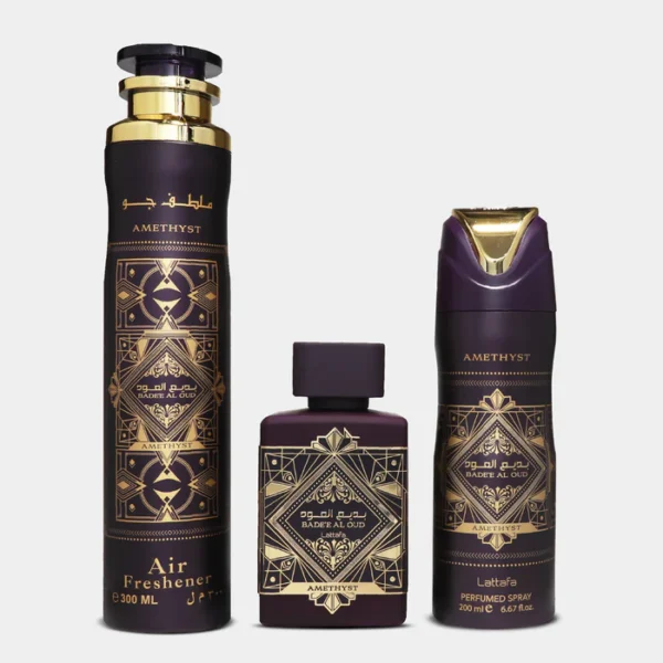 Lattafa Perfumes Bade'e Al Oud Amethyst Gift Set 100ml EDP + 200ml Body Spray + 50ml Hair Mist